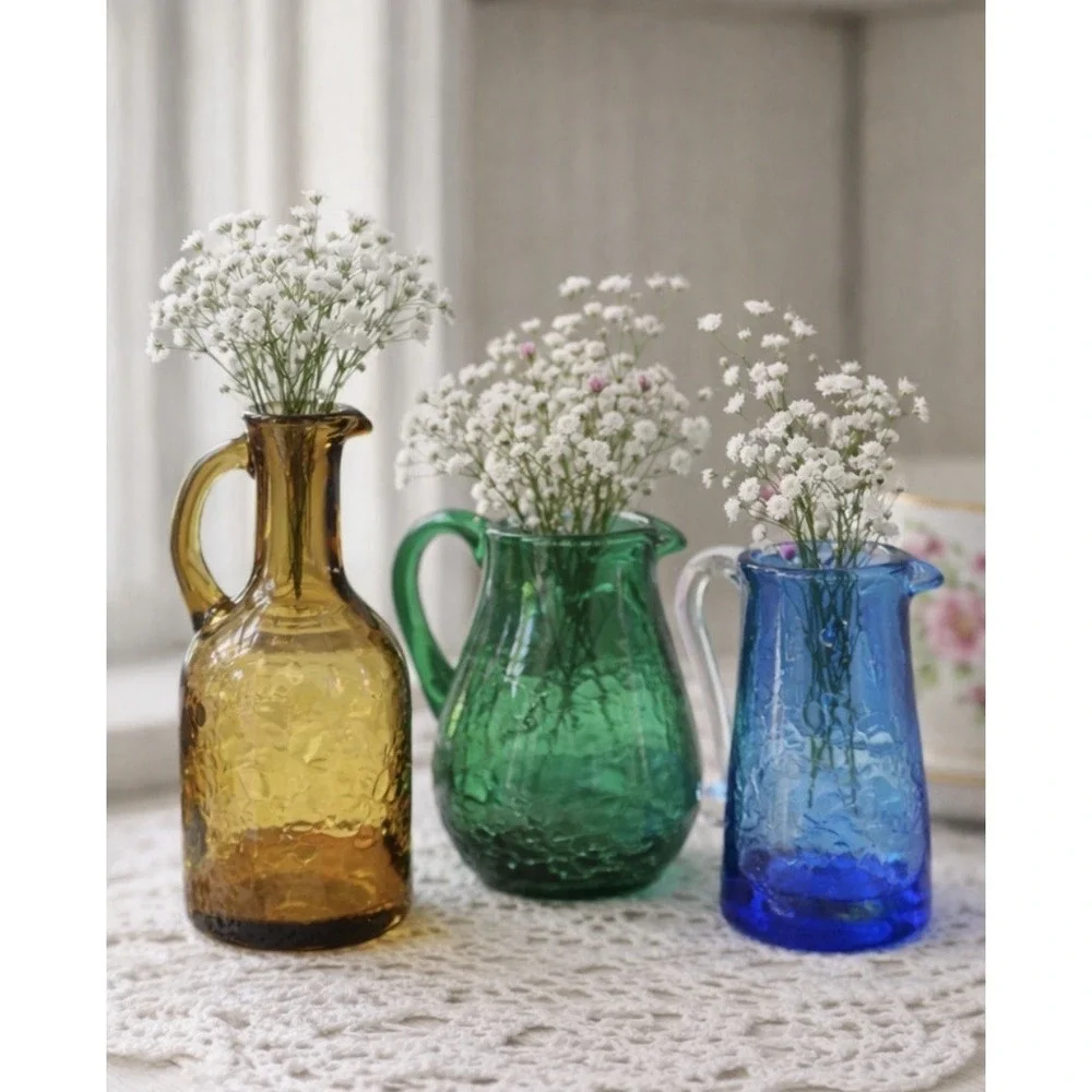 Vintage Crackle Glass Bud Vase Set Amber Green Blue Mini Pitcher Trio